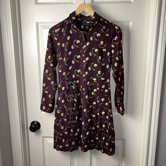 Banana Republic Purple Floral Long Sleeve Pleated Button Up Dress 0 Petite - Picture 2 of 9